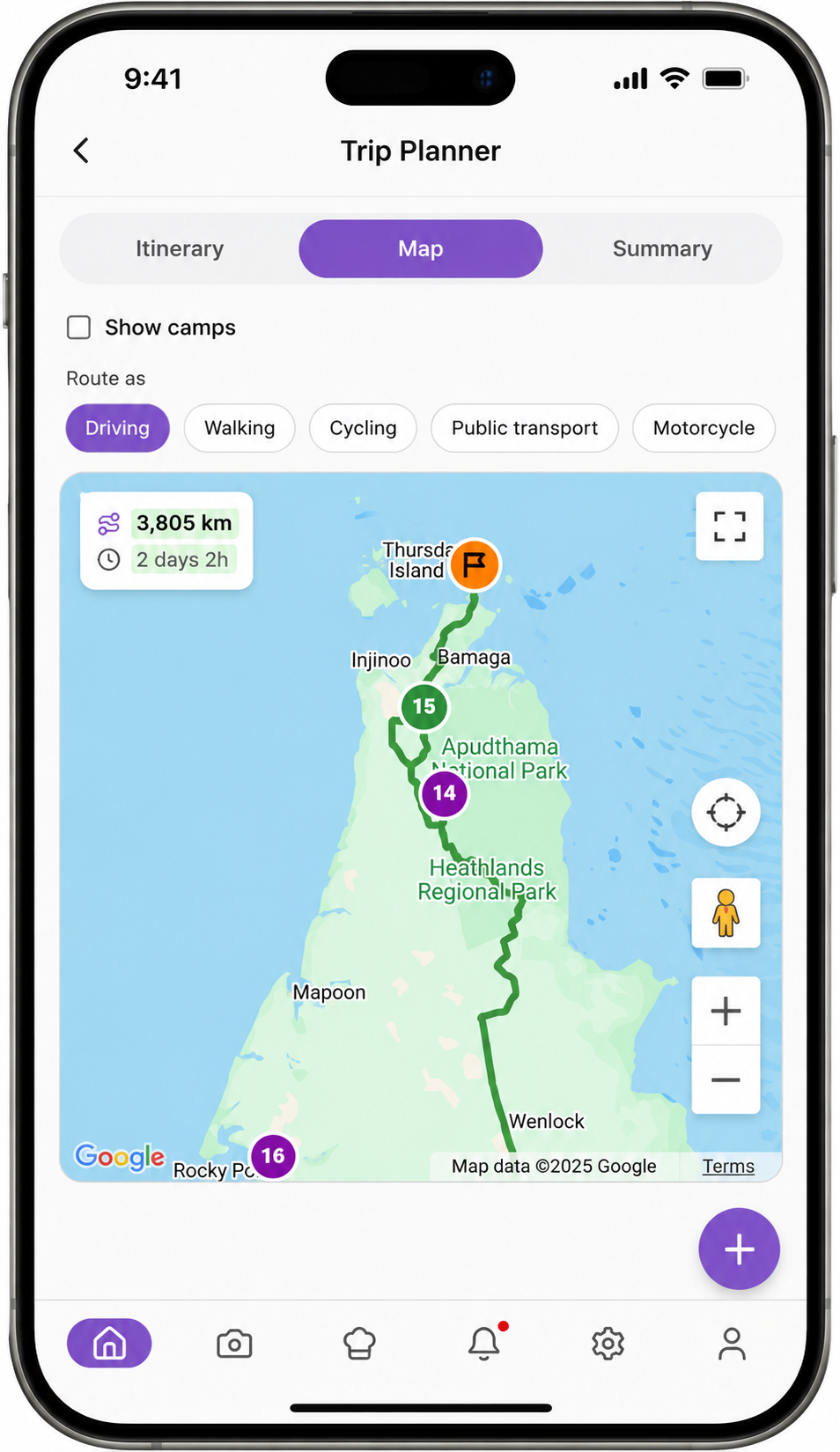 Trip Planner map with route and travel modes